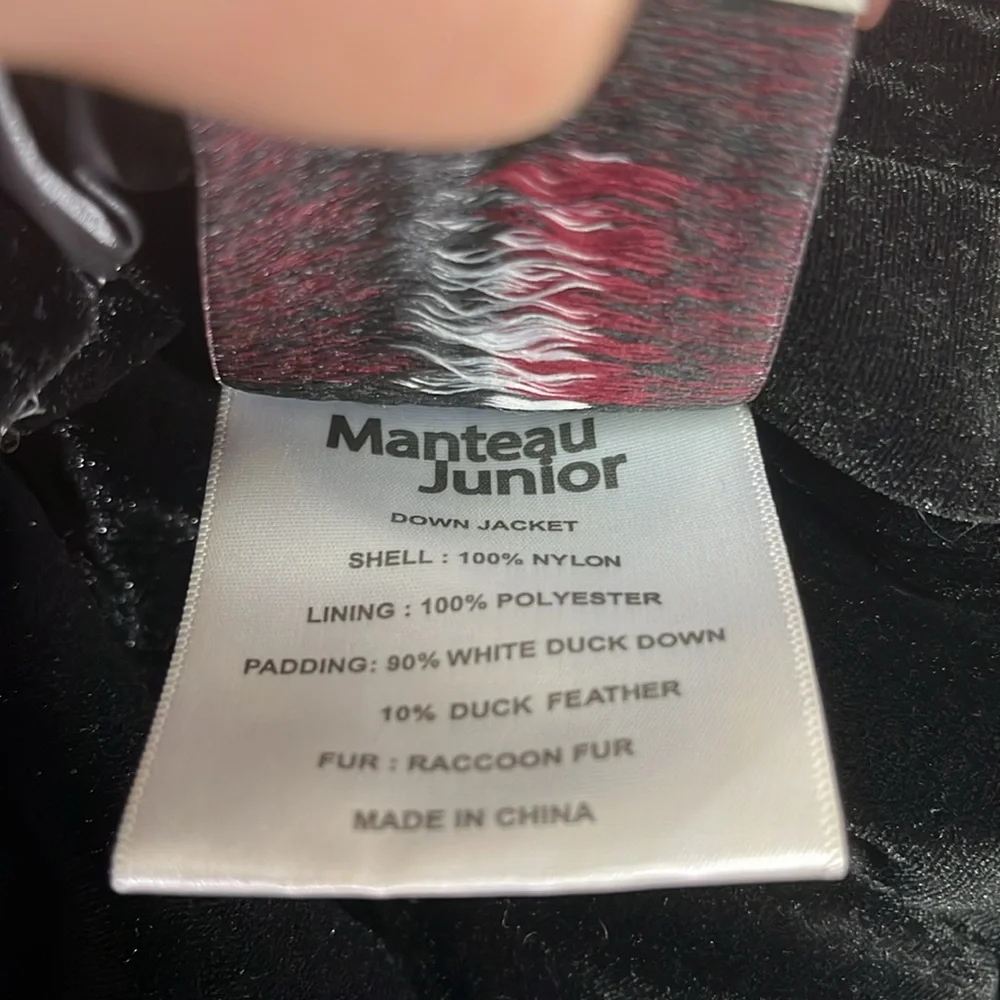 Manteau jr duck down puffer coat reversible velvet, raccoon fur hood